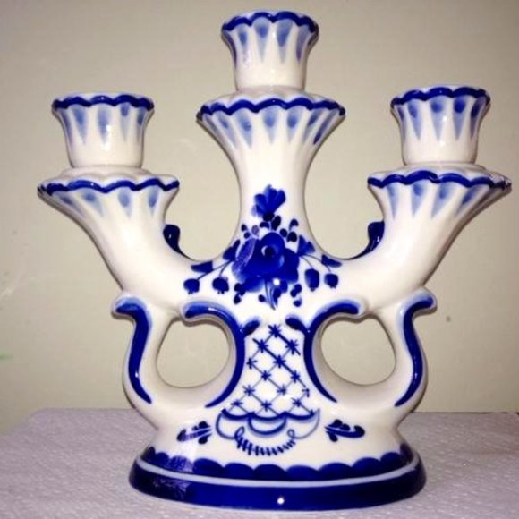 NEW Gzhel Porcelain Tri Candelabra Candlestick Handmade Signed Unique Imported - Picture 2 of 5